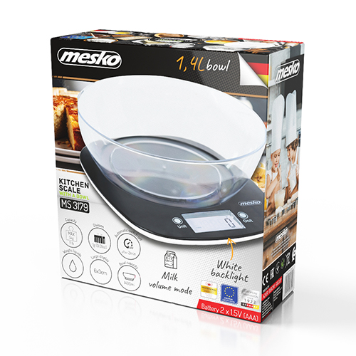 Весы кухонные с чашей Mesko MS 3179b (электрон, до 5кг/0.001кг.,чёрные) купить по самой низкой цене