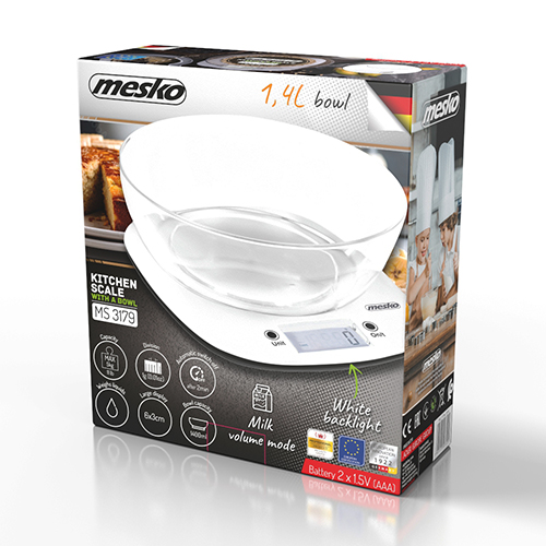 Весы кухонные с чашей Mesko MS 3179w (электрон, до 5кг/0.001кг.,белые) купить по самой низкой цене